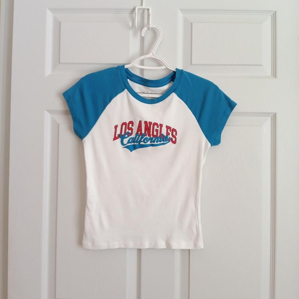 OG Babe white and teal blue raglan baby tee Medium